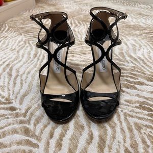 JIMMY CHOO Black Leather 37.5 Strappy Sandals